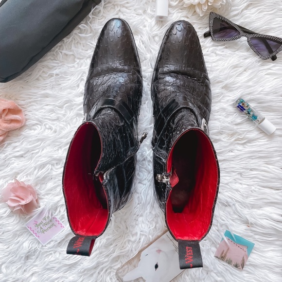 Jeffrey West Italian Croc Red and Black Buckle Leather Boots - Picture 4 of 8